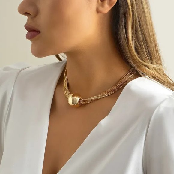 Gold Twisted Multi Chain Exaggerated Sphere Ball Statement Choker Necklace NEW - Picture 2 of 9